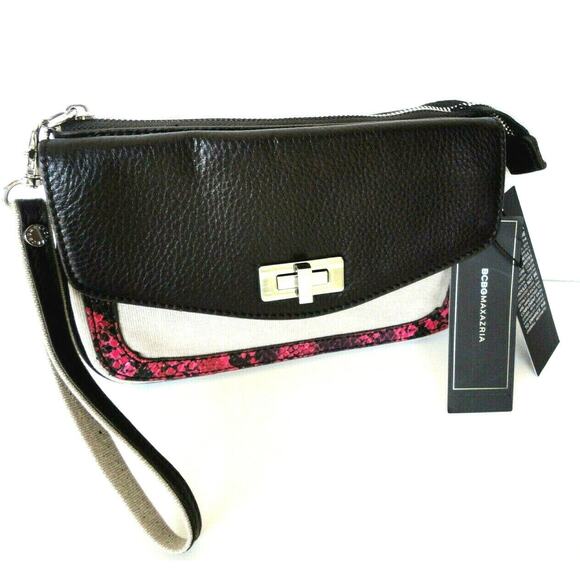 NEW BCBG Max Azria Black Leather Canvas Python WRISTLET Handbag Purse Sloan NWT - Picture 2 of 6